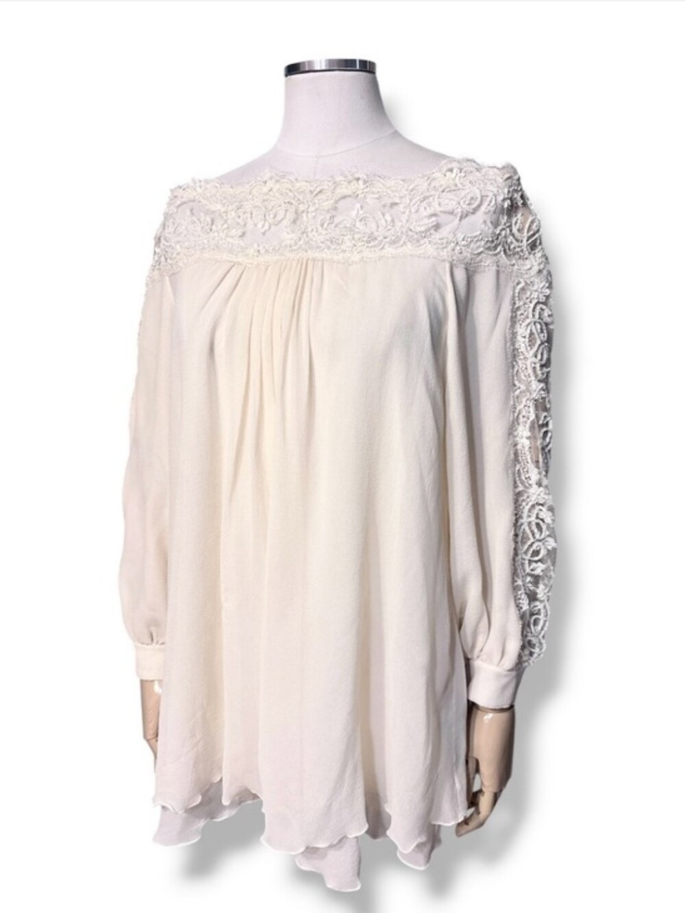 CARLOS MIELE Cream Silk Chiffon Tiered Beaded Lace Off The Shoulder Blouse EU